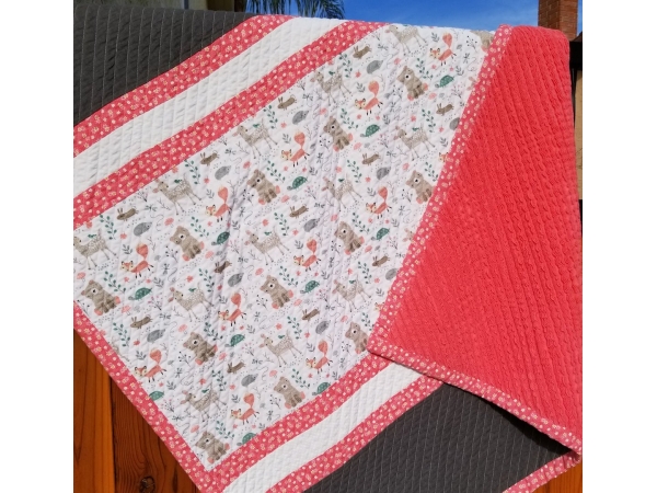 Woodland Forest Friends Baby Quilt in Coral and Grey