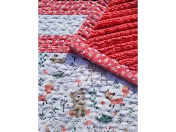 Woodland Forest Friends Baby Quilt in Coral and Grey