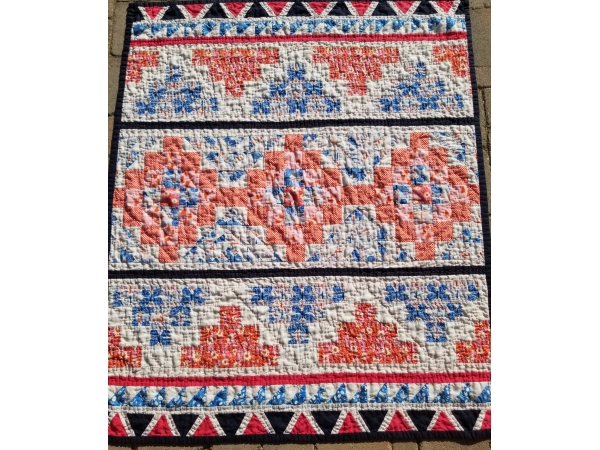 Rustic Mayan Mosaic Quilt in Shades of Coral, Pink, & Blue
