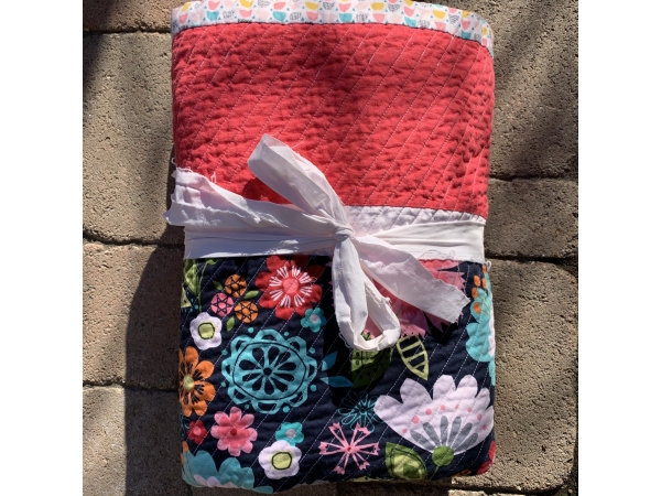 Bright Floral Print in Raspberry, Yellow, and Navy Blue Baby/Toddler Quilt