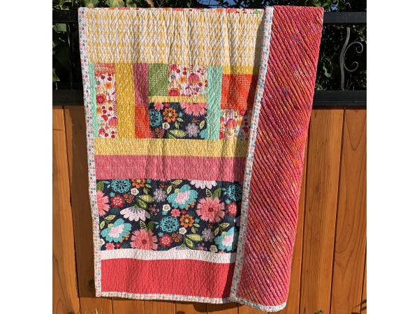 Bright Floral Print in Raspberry, Yellow, and Navy Blue Baby/Toddler Quilt