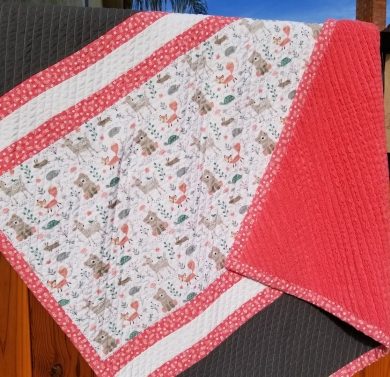Woodland Forest Friends Baby Quilt in Coral and Grey Baby/Toddler Quilt Woodland Forest Friends Baby Quilt in Coral and Grey Baby/Toddler Quilt